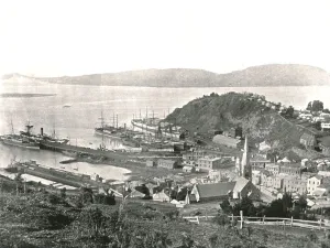 Otago Prints: The town and the harbour, Port Chalmers, New Zealand, 1895. Creator: Unknown