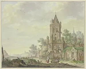 Town with an old tower by the water, a woman with a boy and two sheep in the foreground, 18th centur Creator: Pieter Bartholomeusz. Barbiers