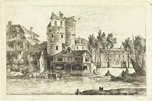 Round Tower Prints: Town on a River Bank with Two Round Towers, c. 1770. Creator: Nicolas Perignon