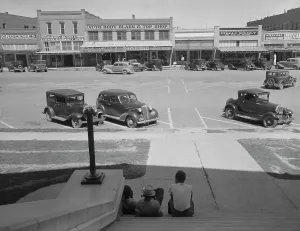 Barber Shop Prints: The town square of Memphis, Texas, 1937. Creator: Dorothea Lange
