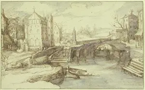 Rowing Boat Prints: Town view with a bridge under which a ship passes
