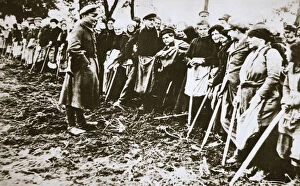Starving Collection: Townsfolk wait to scour the fields for potatoes left by farmers, Germany, World War I, c1914-c1918