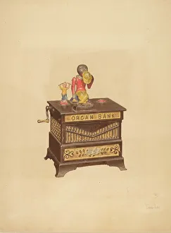Toy Bank Prints: Toy Bank: Monkey and Hurdy-Gurdy, c. 1939. Creator: Parker Cushman