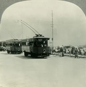Trackless Tram Cars in Singapore, Straits Settlement, British Malaya, c1930s. Creator: Unknown Trackless Tram Cars in Singapore, Straits Settlement, British Malaya, c1930s. Creator: Unknown