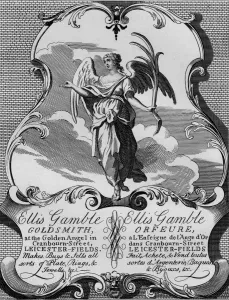 Gamble Prints: Trade card of goldsmith Ellis Gamble, 1720s, (1827). Creator: Thomas Cook