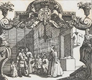 Drapers Shop Gallery: Trade card of Mary & Ann Hogarth, the old Frock Shop, ca. 1730. ca. 1730