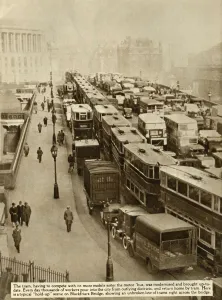 Public Transport Prints: Traffic jam on Blackfriars Bridge, London, 1935. Creator: Unknown