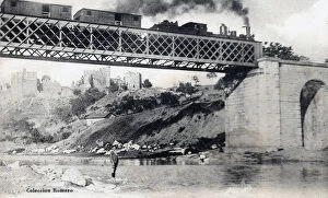 Train Collection: Train crossing the bridge over the Sil river passing through Ponferrada, postcard 1910s