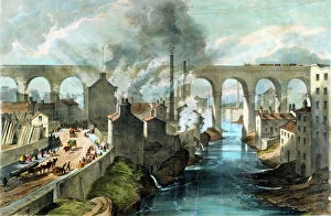 Oxford Science Archive Collection: Train crossing Stockport viaduct on the London & North Western Railway, c1845