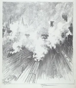Steam Trains Prints: Train Yard, St. Louis, 1919. Creator: Joseph Pennell