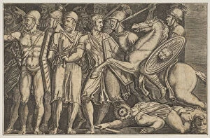 Trajan Fighting the Dacians; Trajan on horseback at right riding towards a group... ca