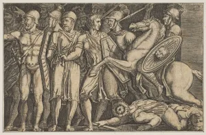 Dente Marco Prints: Trajan Fighting the Dacians; Trajan on horseback at right riding towards a group... ca