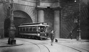 Flag Bearer Prints: A tram running beneath Kingsway, Aldwych and Somerset House, London, 1926-1927