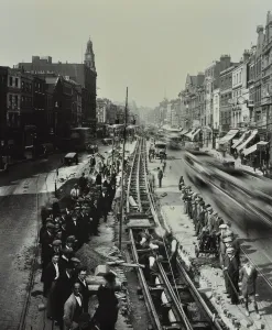 Roadworks Prints: Tramline being laid in the middle of the road, Whitechapel High Street, London, 1929