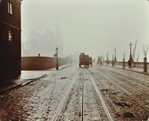 Streetlighting Prints: Tramlines and vehicles on the Albert Embankment, Lambeth, London, 1909