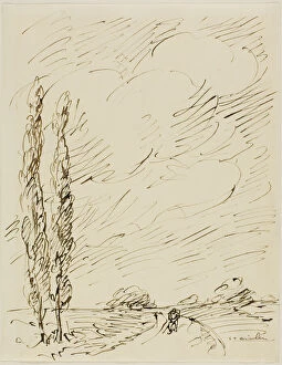 Cloudy Gallery: Tramp on a Road with Two Poplar Trees, n.d. Creator: Theophile Alexandre Steinlen