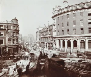 Old Street Gallery: Tramway electrification at the junction of Goswell Road and Old Street, London, 1906