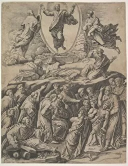Sanzio Collection: The Transfiguration of Christ who appears upper centre, below him various figures inclu