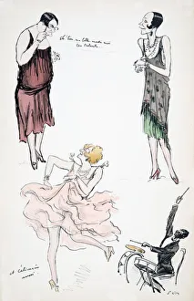 Two transvestites in discussion while a further dances to a musician on the drums Two transvestites in discussion while a further dances to a musician on the drums
