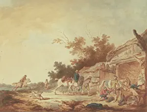 Stable Prints: A traveler being fitted with riding boots stands with his horses at a watering trough