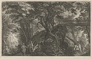 Gillis Sadeler Ii Prints: Travelers Resting in a Mountain Forest by a Log Bridge