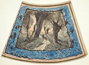 Harpignies Henri Joseph Prints: Travelers on a Wooded Path with a Border of Whimsical Figures and Monkeys
