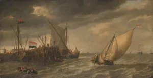 River Scheldt Prints: Travellers Disembarking at a Jetty on the Scheldt in Strong Winds