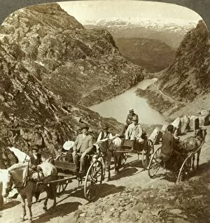 Ravine Collection: Travellers on mountain road through wild ravine of Seljestad, Norway, c1905. Creator: Unknown