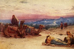 James Ii Prints: Travellers Resting Outside Palestine Village - Acts xx 5, c1924. Creators: James Clark