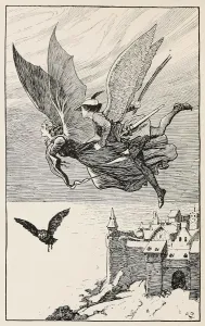 The travelling companion flew behind her, from Fairy Tales from Hans Anderson, pub 1919