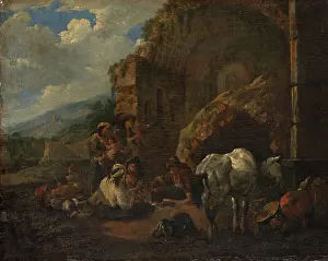 Travelling Prints: Travelling People Resting in Front of a Roman Ruin, 1672. Creator: Johann Heinrich Roos