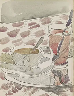 Stirring Prints: Tray with a cup, saucer and glass on a table, c.1916. Creator: Reijer Stolk
