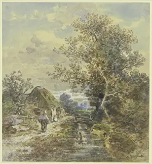 1886 Prints: Tree and farmhouse by a stream with a woman, 1886. Creator: Anton Burger