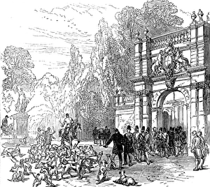 Nasr Al Din Shah Prints: At Trentham: inspecting a pack of English foxhounds, 1873. Creator: Unknown
