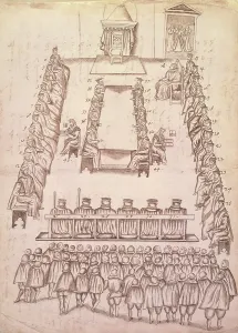 Judgement Prints: Trial of Mary, Queen of Scots in the Great Chamber at Fotheringhay castle