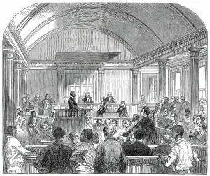 Witness Stand Prints: Trial of the Rioters (Oct. 1) in the Court-House, at Trinidad, 1850. Creator: Unknown