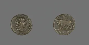 Achelous Gallery: Trias (Coin) Depicting the God Gelas, late 5th century BCE. Creator: Unknown