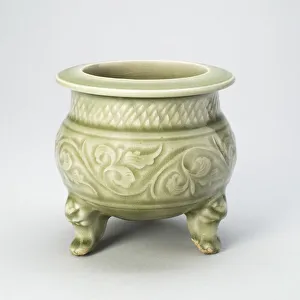 Yaozhou Ware Gallery: Tripod Incense Burner (Censer) with Peony-Leaf Scrolls, Netlike Petals... c