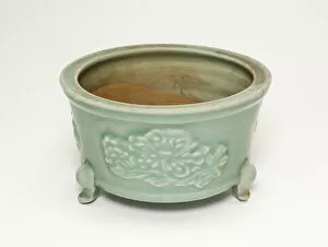 Stoneware Gallery: Tripod Incense Holder with Floral Design, Ming dynasty (1368-1644). Creator: Unknown