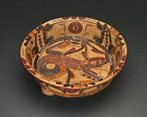 Mesoamerican Collection: Tripod Polychrome Bowl Depicting a Serpent with Feathers, A.D. 500 / 750. Creator: Unknown