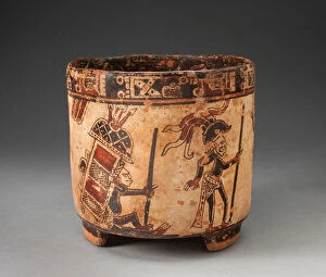 Mesoamerican Collection: Tripod Vessel Depicting Monkey Hunters and Traders, A.D. 850 / 950. Creator: Unknown