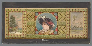 Painted Glass Prints: Triptych of painted glass with a landscape on either side of a portrait of a woman with hat