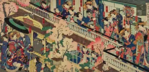 Kunichika Prints: Triptych Scene in Yoshiwara, 1870