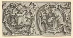 Tendril Gallery: Triton and Siren in Tendrils, ca. 1510. Creator: Lucas van Leyden