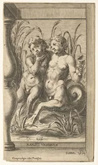 Borghegiano Gallery: Two tritons embracing, one playing a panpipe, the second holding a conch shell set within