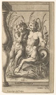 Borghegiano Gallery: Two tritons embracing, one playing a panpipe, the second holding a conch shell set within