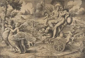 The triumph of Cupid and Psyche who are seated on a chariot drawn by two birds rest The triumph of Cupid and Psyche who are seated on a chariot drawn by two birds rest