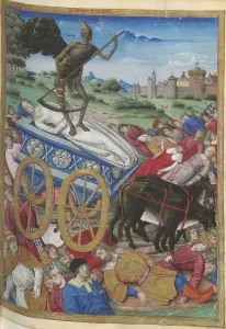 Petrarch Prints: The triumph of Death: the death of Laura. Miniature from Petrarque, Les Triomphes