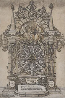 Triumph of Death with three fates in an architectural frame above a wheel of fortune
