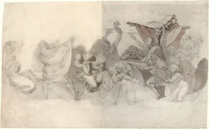 Bacchanal Prints: Triumph of Death: Three Skeletons Invading a Bacchanal Orchestrated by a Magician or an